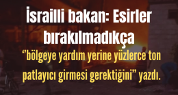 İsrailli bakan: Esirler bırakılmadıkça ‘’bölgeye yüzlerce ton patlayıcı girmesi gerektiğini’’yazdı.